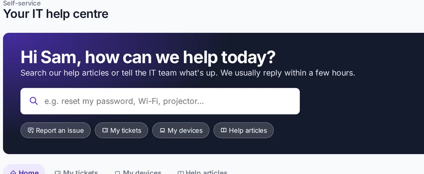 The Deskivo self-service portal with search and quick actions