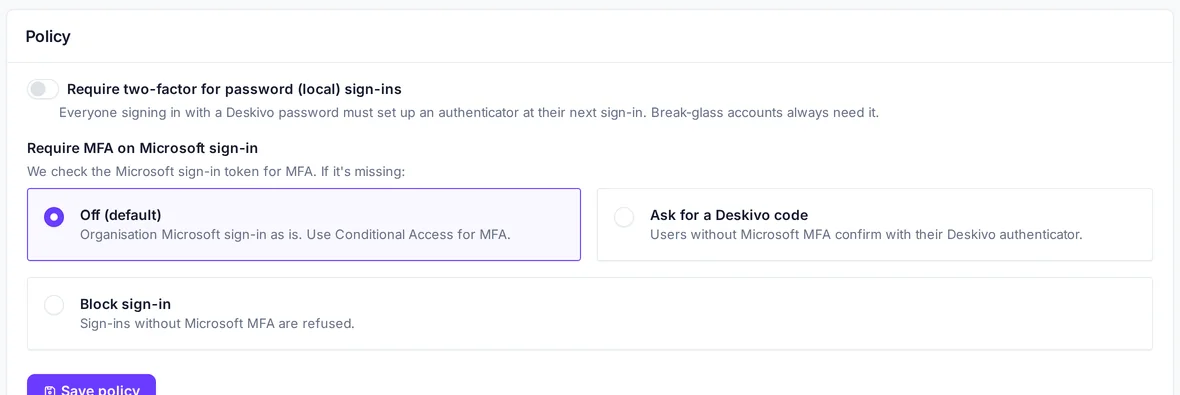 Deskivo sign-in security settings for two-factor and Microsoft MFA